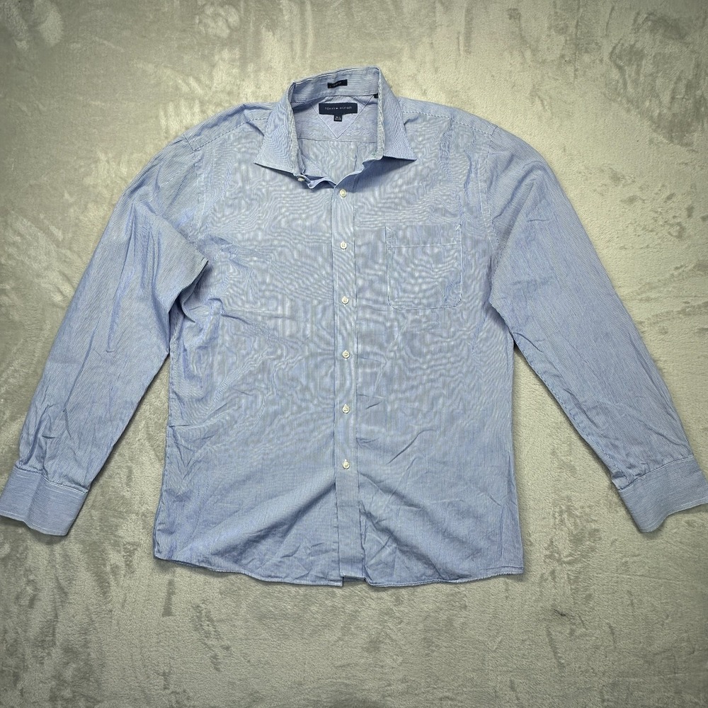 Tommy Hilfiger Dress Shirt Mens 16.5 34/35 White Blue Striped Cotton Slim Fit